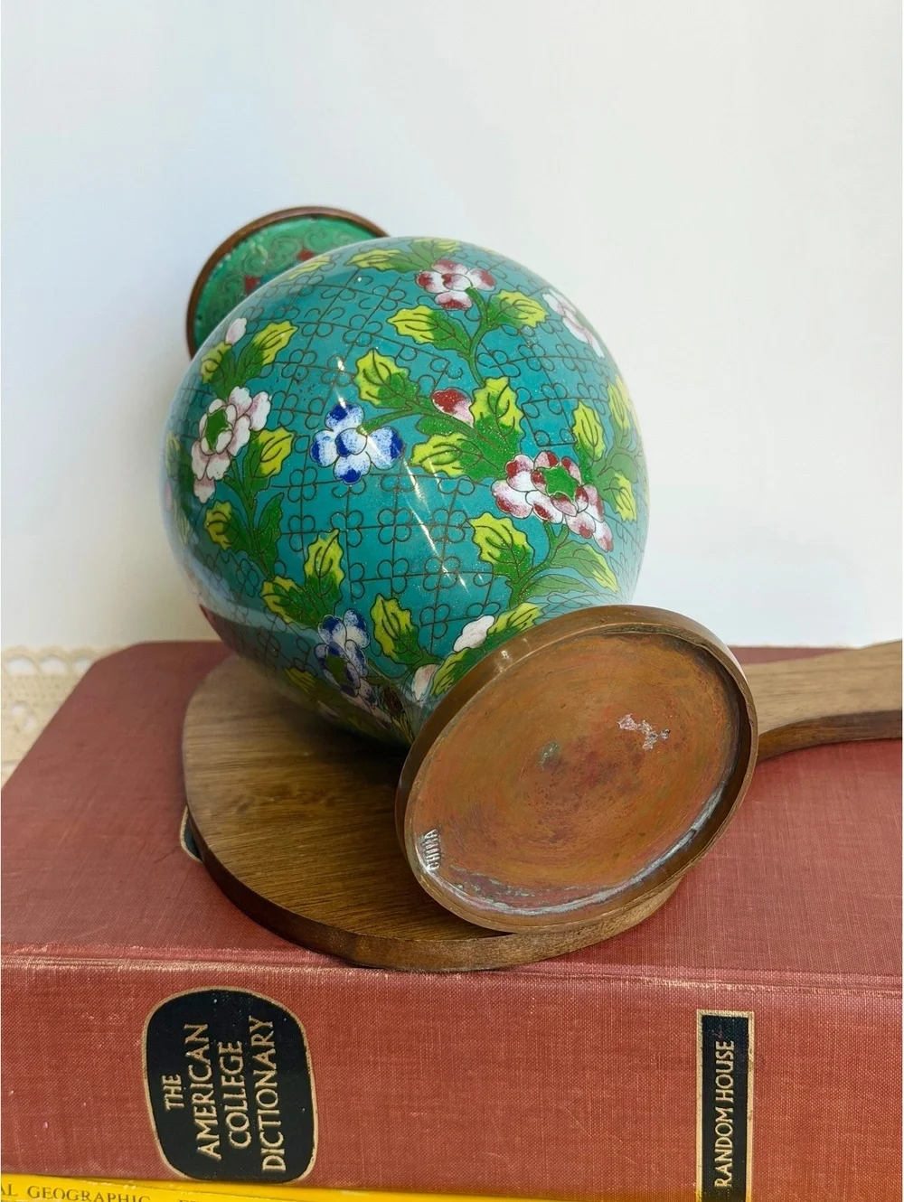 Vintage Chinese Cloisonne Enamel Vase Turquoise Floral Brass 10